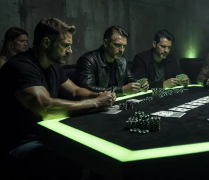 Brutalistyczny stół pokerowy z neonową zielenią i ostrym światłem