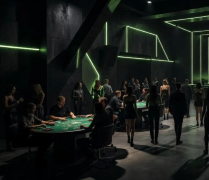 Scenografia Blackjacka na evencie z ciemnymi materiałami i neonowymi zielonymi krawędziami
