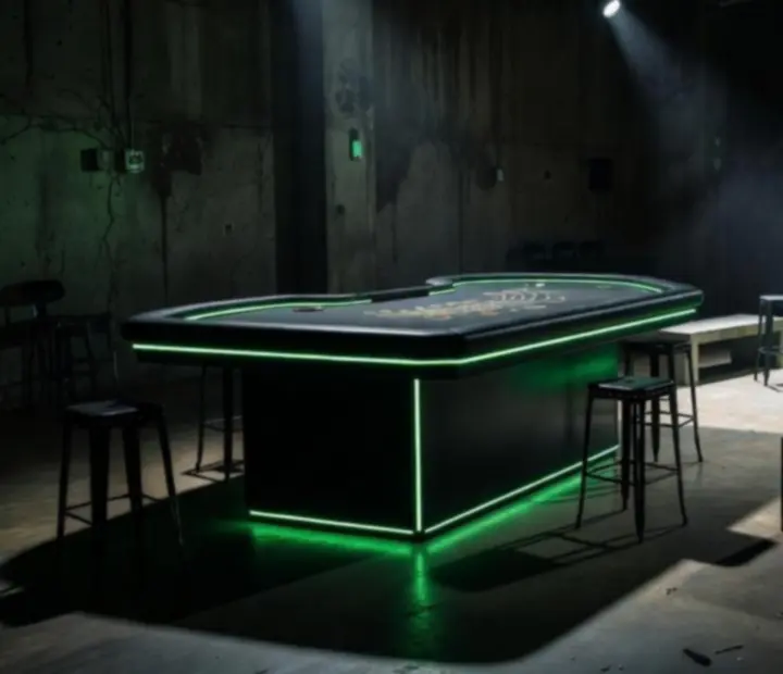 Neonowa scenografia eventowa z zielonymi konturami stołów i mrocznym tłem