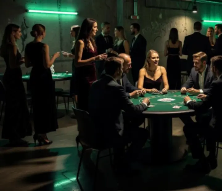 Mroczne pokerowe podziemie z zielonym światłem i pełnym stołem gości