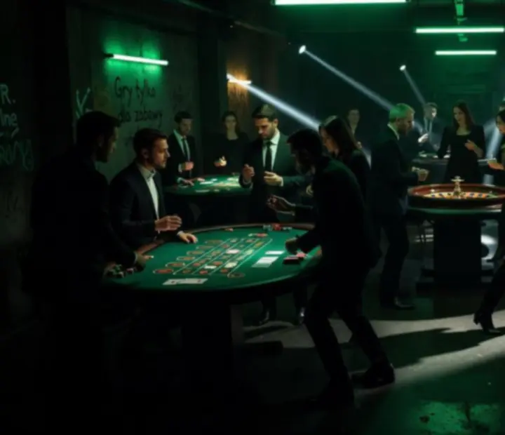 Mroczna scena tematycznego wieczoru z pokerowym stołem i zielonym światłem